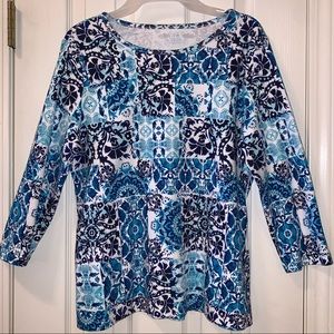 Kim Rogers 3/4 Sleeve Navy/Turquoise T-Shirt, EUC